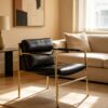 Gold Metal Frame Black Leather Sling Accent Chair
