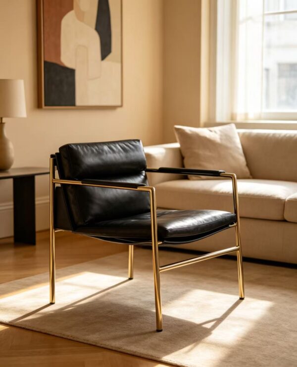 Gold Metal Frame Black Leather Sling Accent Chair