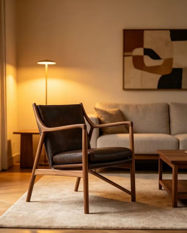 Mid-Century Solid Wood Dark Brown Leather Sling Armchair