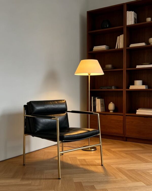 Gold Metal Frame Black Leather Sling Accent Chair