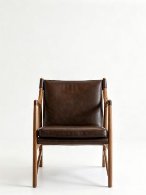 Mid-Century Solid Wood Dark Brown Leather Sling Armchair