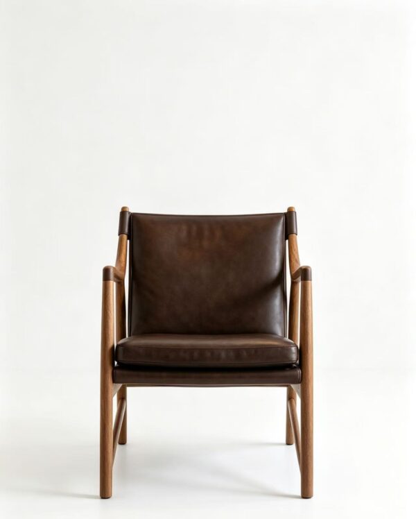 Mid-Century Solid Wood Dark Brown Leather Sling Armchair