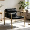 Gold Metal Frame Black Leather Sling Accent Chair