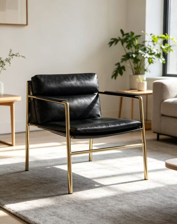 Gold Metal Frame Black Leather Sling Accent Chair