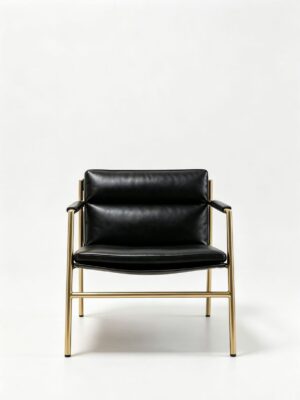 Gold Metal Frame Black Leather Sling Accent Chair
