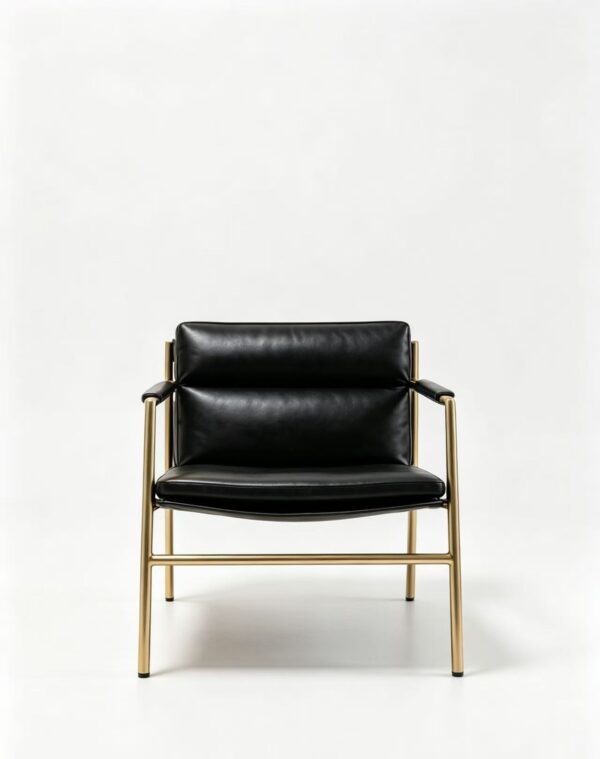 Gold Metal Frame Black Leather Sling Accent Chair