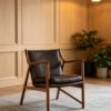 Mid-Century Solid Wood Dark Brown Leather Sling Armchair