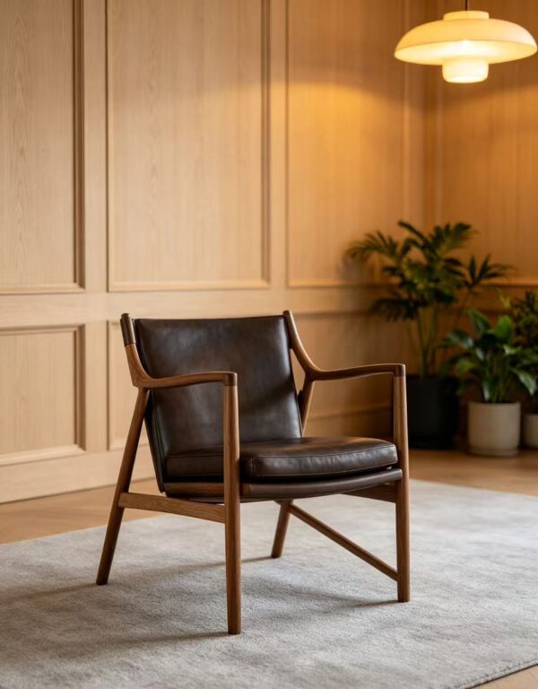 Mid-Century Solid Wood Dark Brown Leather Sling Armchair