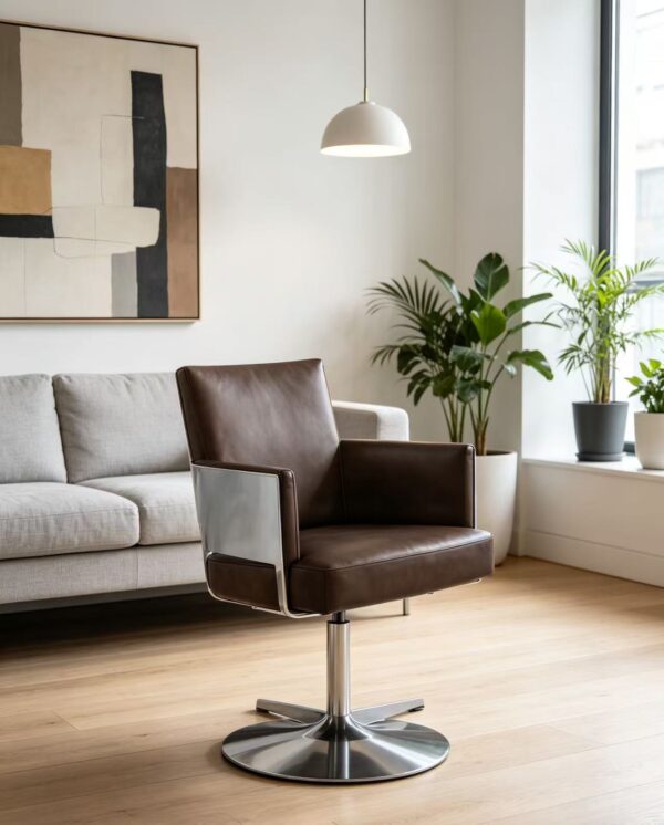 e0bf59366a38e48f2b352c01180c320f Modern Brown Leather Swivel Accent Chair with Polished Chrome Base