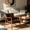 Mid-Century Solid Wood Dark Brown Leather Sling Armchair