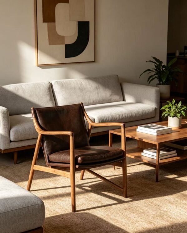 Mid-Century Solid Wood Dark Brown Leather Sling Armchair