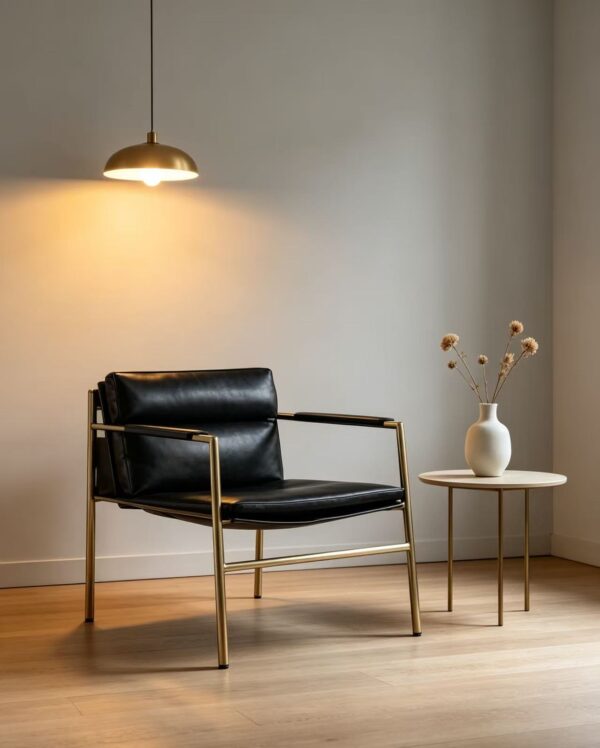 Gold Metal Frame Black Leather Sling Accent Chair