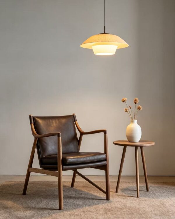 Mid-Century Solid Wood Dark Brown Leather Sling Armchair