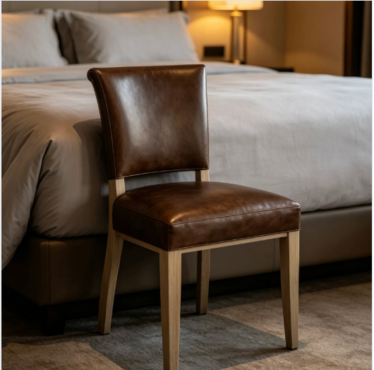 Retro Brown Leather Dining Chair with Wooden Legs