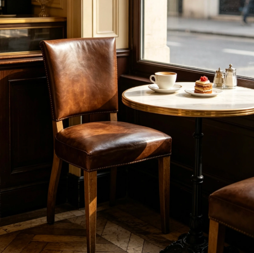 Retro Brown Leather Dining Chair with Wooden Legs