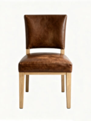 Retro Brown Leather Dining Chair with Wooden Legs