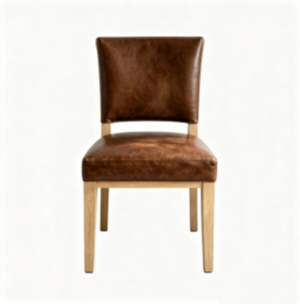 Retro Brown Leather Dining Chair with Wooden Legs