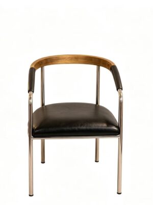 Mid-Century Curved Arm Dining Chair, Chrome Metal Frame with Wood & Leather Armrest, Black PU Cushion