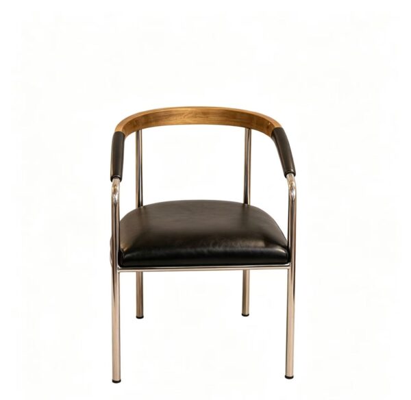 Mid-Century Curved Arm Dining Chair, Chrome Metal Frame with Wood & Leather Armrest, Black PU Cushion