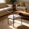 Minimalist Curved Arm Dining Chair, Matte Black Metal Frame with Cream Fabric Cushion