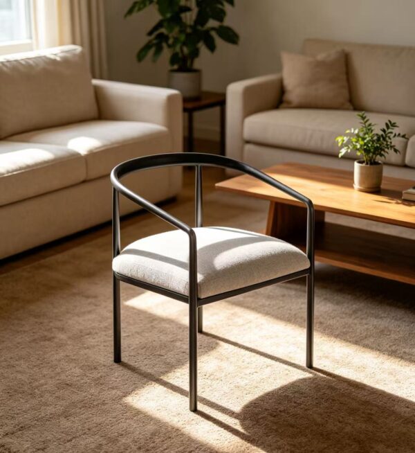 Minimalist Curved Arm Dining Chair, Matte Black Metal Frame with Cream Fabric Cushion