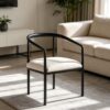 Minimalist Curved Arm Dining Chair, Matte Black Metal Frame with Cream Fabric Cushion