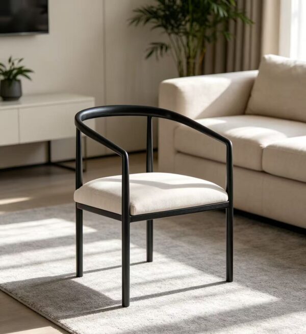 Minimalist Curved Arm Dining Chair, Matte Black Metal Frame with Cream Fabric Cushion