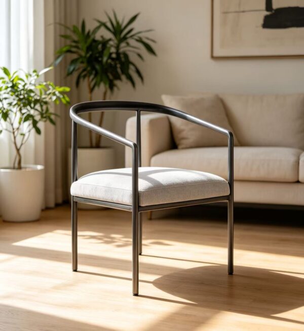 Minimalist Curved Arm Dining Chair, Matte Black Metal Frame with Cream Fabric Cushion