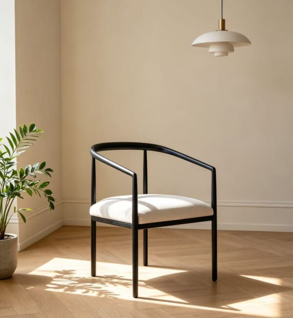Minimalist Curved Arm Dining Chair, Matte Black Metal Frame with Cream Fabric Cushion
