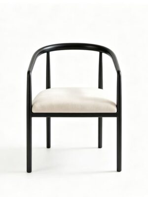 Minimalist Curved Arm Dining Chair, Matte Black Metal Frame with Cream Fabric Cushion