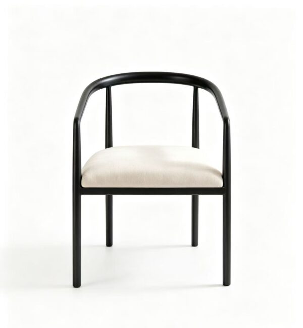 Minimalist Curved Arm Dining Chair, Matte Black Metal Frame with Cream Fabric Cushion