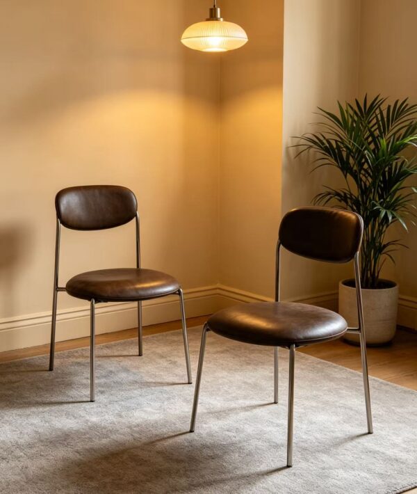 Retro Mid Century Brown Leather Accent Chair for Dining Room