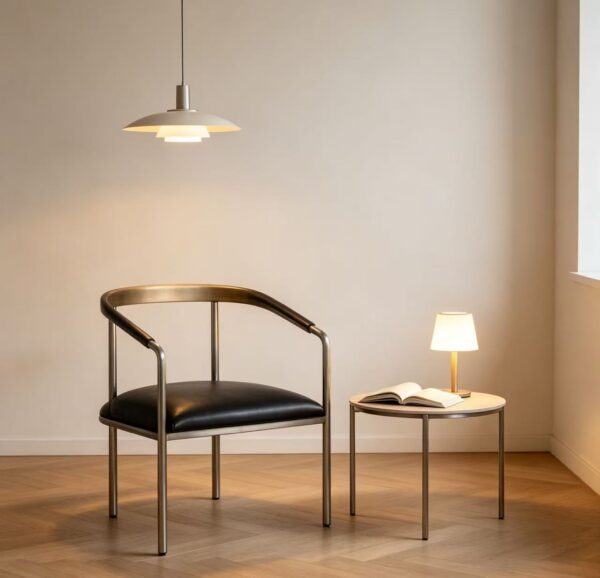 Mid-Century Curved Arm Dining Chair, Chrome Metal Frame with Wood & Leather Armrest, Black PU Cushion